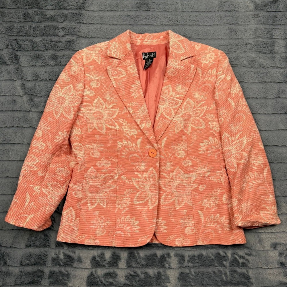 Rafaella Coral Pink Floral Jacquard Blazer Jacket Womens Size 10 Cotton Linen